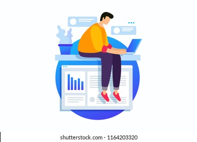 Concept of digital technology, work with business graphics, career growth to success. Young man sits with laptop and rewrites in chat. Vector flat illustration.