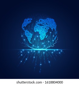 concept of digital transformation or big data technology, graphic of dotted globe combined with binary code