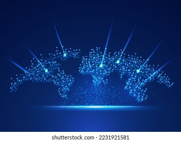 concept of digital transformation or big data, graphic of world map with firework effect and element