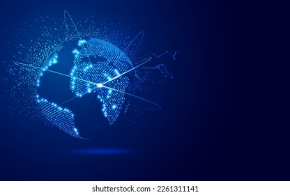 concept of digital transformation or big data, graphic of world map with firework effect and element