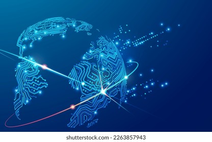 concept of digital transformation or big data, graphic of world map globe combined with circuit board pattern