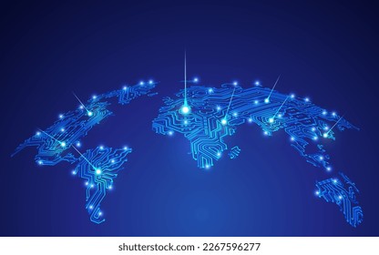 concept of digital transformation or big data, graphic of world map globe combined with circuit board pattern