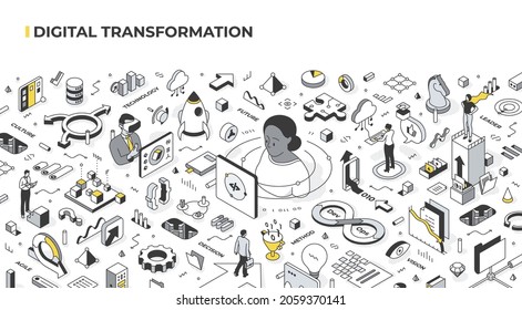 Concept Of Digital Transformation In Business. Implementing Digital Technology To Business To Deliver Value To Modern Customer. Isometric Illustration Of Digitization And Digitalization In Business