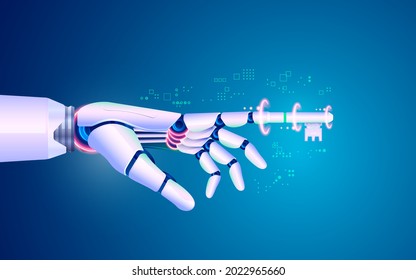 concept of digital transformation or deep learning, graphic of robot hand with index finger key