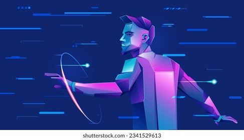 concept of digital transformation or deep learning, graphic of futuristic man with tech element presented in cyberpunk character style