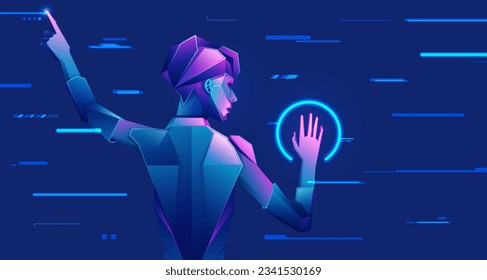 concept of digital transformation or deep learning, graphic of futuristic man with tech element presented in cyberpunk character style