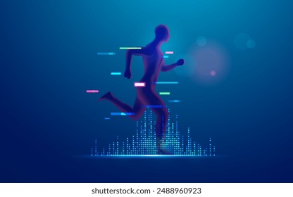 concept of digital transformation or virtual reality technology, graphic of man running with futuristic element