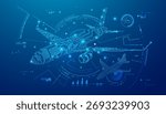 concept of digital twin or aviation technology, graphic of airplane combined with electronic pattern and air control interface