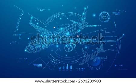 concept of digital twin or aviation technology, graphic of airplane combined with electronic pattern and air control interface