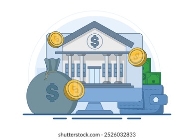 Conceito de carteira digital e pagamentos móveis, login em conta bancária, banco on-line, dinheiro da internet, poupança e finanças, banco móvel. Ilustração de vetor plano no plano de fundo.