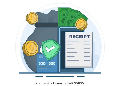 Concepto de monedero digital y pagos móviles, Inicio de sesión a la Cuenta bancaria, banca en línea, dinero en Internet, ahorros y finanzas, banca móvil. Ilustración vectorial plana sobre fondo.