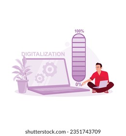 The concept of the digital world with the word digitalization. The man is sitting beside a big laptop with digitization written on it. Trend Modern vector flat illustration