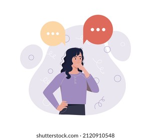 Concept of dilemma. Girl stands with her head resting on her hand. Puzzled and thoughtful character. Difficulty making important decisions. Unsolvable task, choice. Cartoon flat vector illustration