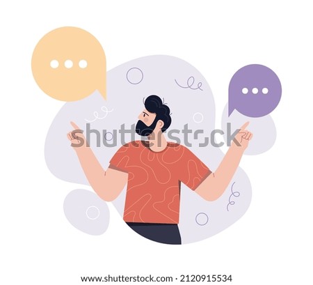 Concept of dilemma. Man chooses one of two options. Difficulties with determining path of life, fear of lost profits. Puzzle and challenge, pensive character. Cartoon flat vector illustration