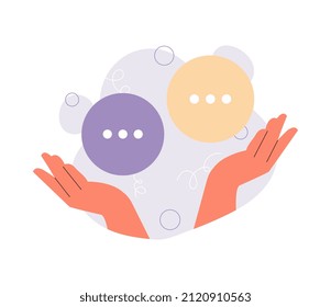 Concept of dilemma. Womens hands hold two answers. Life challenges and difficult choices. Comparison of options, thoughtfulness and evaluation of information. Cartoon flat vector illustration