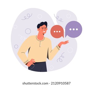 Concept of dilemma. Young guy holds two answers on his hand. Important decision and pensive character, company or career development. Evaluation and thoughts. Cartoon flat vector illustration