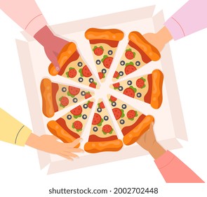 Concept of a dinner in the company. A few friends are eating delicious pizza with salami for dinner. The hand tears off a piece. Cartoon is a flat vector illustration isolated on a white background