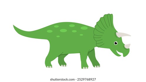 Concepto de dinosaurio. Triceratops verdes. Animal salvaje prehistórico. Fauna y fauna. Dino con cuerno. Cartel o Anuncio para el Sitio web. Ilustración vectorial plana aislada sobre fondo blanco