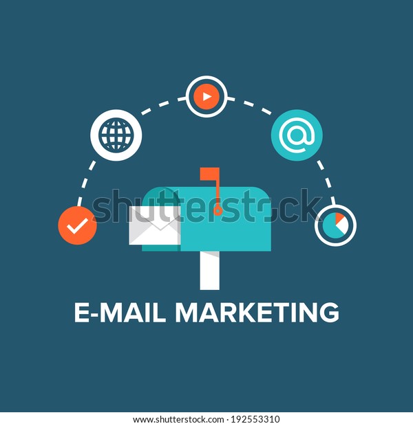 Concept of direct digital marketing, e-mail advertising\
communication, newsletter promotion campaign. Flat design style\
modern vector illustration concept. Isolated on stylish background.\
 