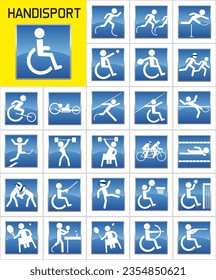 Concept of disability and sports performance with pictograms representing the main disabled sports disciplines at the Olympic Games.