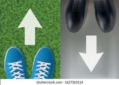 Concept of disagreement and incompatibility between environmental protection and economy, with the symbol of two people who choose to follow diametrically opposite directions.
