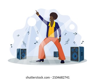 Concept of disco. Man in afro style with microphone in his hand. Dance music, beer and artist. Creativity, retro and 80s trends. Character performing at party. Cartoon flat vector illustration