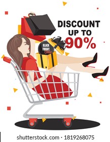 Concept Of Discount black friday sale Program, Customer Service. Happy Woman Make Shopping On Sale Using Discount.