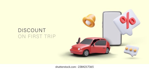 Concept of discount for first trip. Giant smartphone, car, bell, percent sign, comment icon. Promotional offer for beginners. Advertisement of travel tour