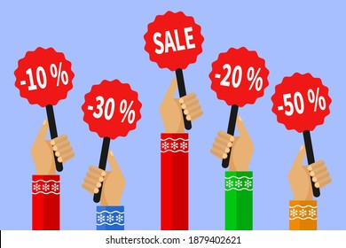 Concept of discount. A lot of hands holding placards with sales. Colorful Vector Illustration in flat style