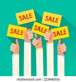 Concept of discount. A lot of hands holding placards with sales. Colorful Vector Illustration in flat style isolated on white.
