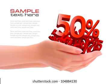 Concept of discount. Hands holding sales. Vector.