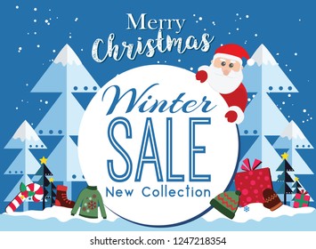 Concept of discount. Sale design on a winter and Merry Chrismas background. Christmas Sale banner with Santa Claus and winter clothes. Vector illustration banner. Winter sale banner.