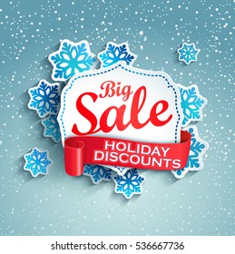 Concept of discount. Sale design on a winter background. Vintage frame with snowflake and ribbon.  Eps10. Vector  illustration  banner.