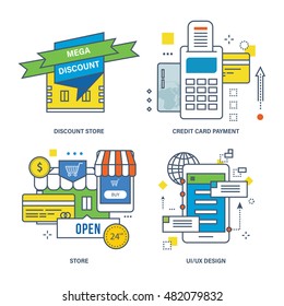 Concept of discount store, credit card payment, store, UX design. Color Line icons collection.
