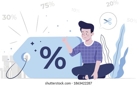 Concepto de sistema de descuento, ofertas de descuento, programa de fidelización para clientes, venta de temporada, cupón de compra o cupón. Ilustración vectorial moderna de color plano para afiches, banner.