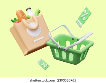 Concept of discounts in grocery store. Shopping cart, bag with food, coupons with percent sign. Bonus program for regular customers. Vector composition of floating realistic elements