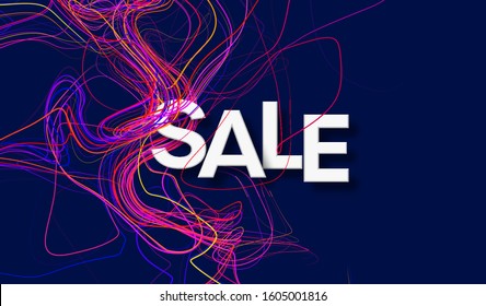 Concept Discounts Sale banner. Modern design template sale banner with color line twist on black background. Wavy lines twisted background. Vector illustration EPS10