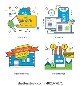 Concepto de descuentos, vales, tienda de descuento, bolsa y compras. Colección de iconos de línea de color.
