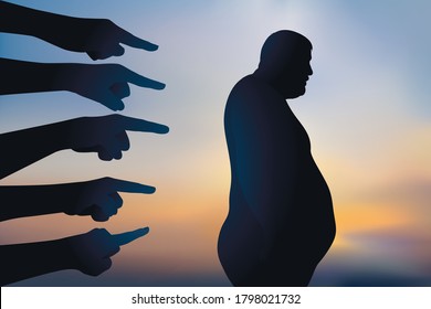 Concept Of Discrimination And Bullying Towards Fat People, With Obese Man Pointed Out And Rejected.