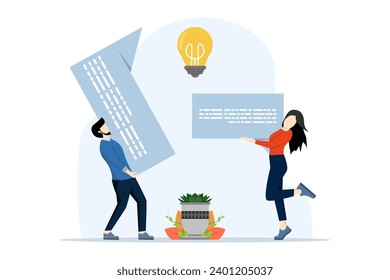 concept of Discussion, collaboration, power of teamwork with small people. effective teamwork vector illustration. Sharing opinions, exchanging ideas, company website, goal achievement metaphor.