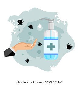 Concept of disinfection. Liquid soap with a pump from a bottle. Apply a moisturizing cleanser. Men wash their hands. Design vector illustration sketches.