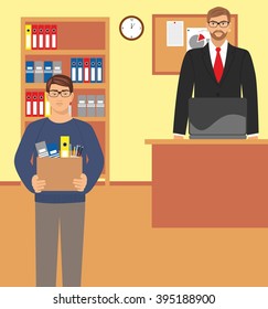 Concept dismissal. Boss dismissed employee. Flat vector illustration. Sad man leaves the office with things