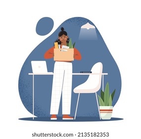 Concept of dismissal. Sad girl collects her things in box, employee in office. Character with books, folders and documents. Search for new job, unclaimed specialist. Cartoon flat vector illustration