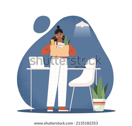 Concept of dismissal. Sad girl collects her things in box, employee in office. Character with books, folders and documents. Search for new job, unclaimed specialist. Cartoon flat vector illustration