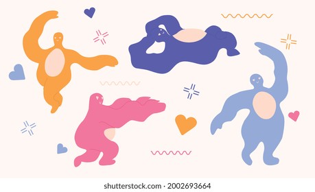 Concept of disproportionate characters in various poses. Multicolored monochrome figures of people with long arms move smoothly on a pink background. Modern abstract flat vector illustration