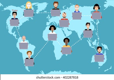 Concept of distance education and e-learning. Tutor instructs students from different countries. Earth map background. American variant of teacher.