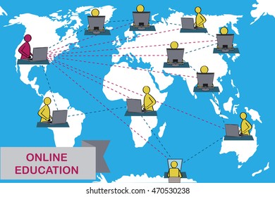 Concept of distance education and e-learning. Tutor instructs students from different countries. Earth map background. American variant of teacher.
