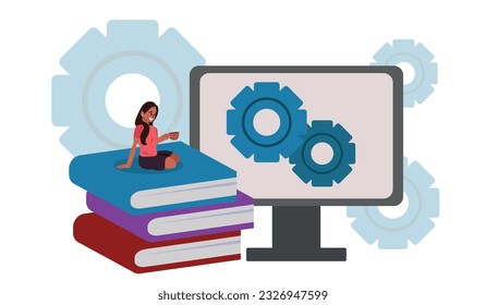 Concept of distance education, electronic engineering. Tiny person on top of big books. E-education concept. Online courses, video tutorials.