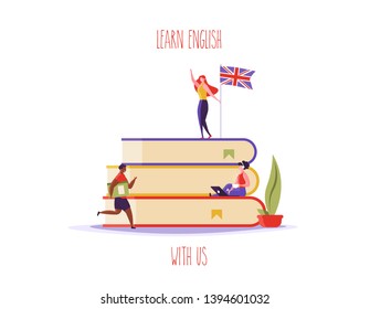 Concept of distance education, online learning, web education and languages courses. People learning language distance with books, coffee and notebook.  Vector illustration in cartoon flat design