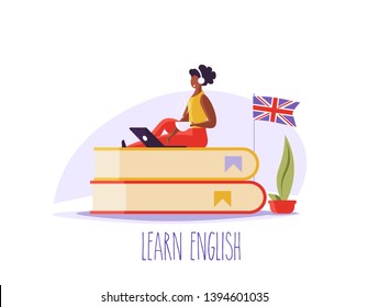 Concept of distance education, online learning, web education and languages courses. People learning language distance with books, coffee and notebook.  Vector illustration in cartoon flat design